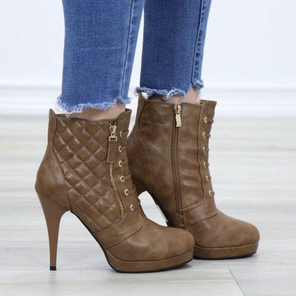 Khaki Platform High Heel Boots Light Fur inside - Picture 7 of 12